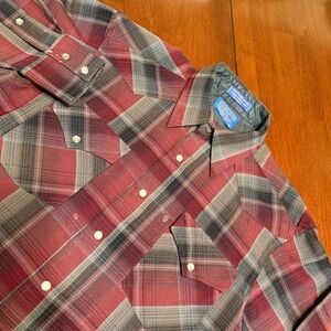 Sir Pendleton Wool Shirt Mens M Red Gray Plaid Worsted Wool Sportsman Pearl Snap
